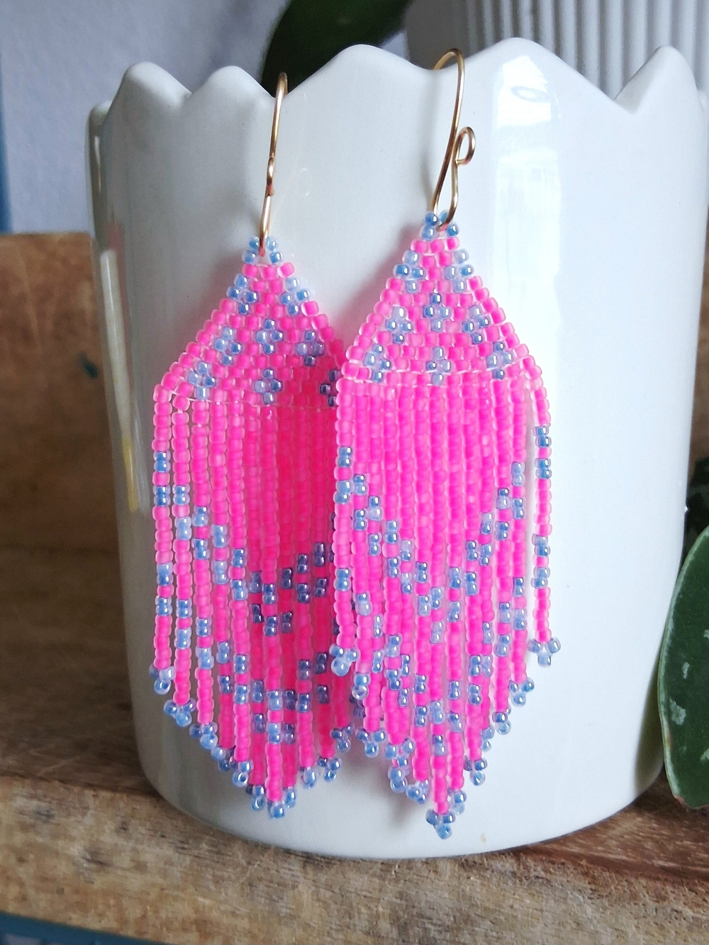 Bold Hot Pink Beaded Fringe Earrings with Light Blue Accents